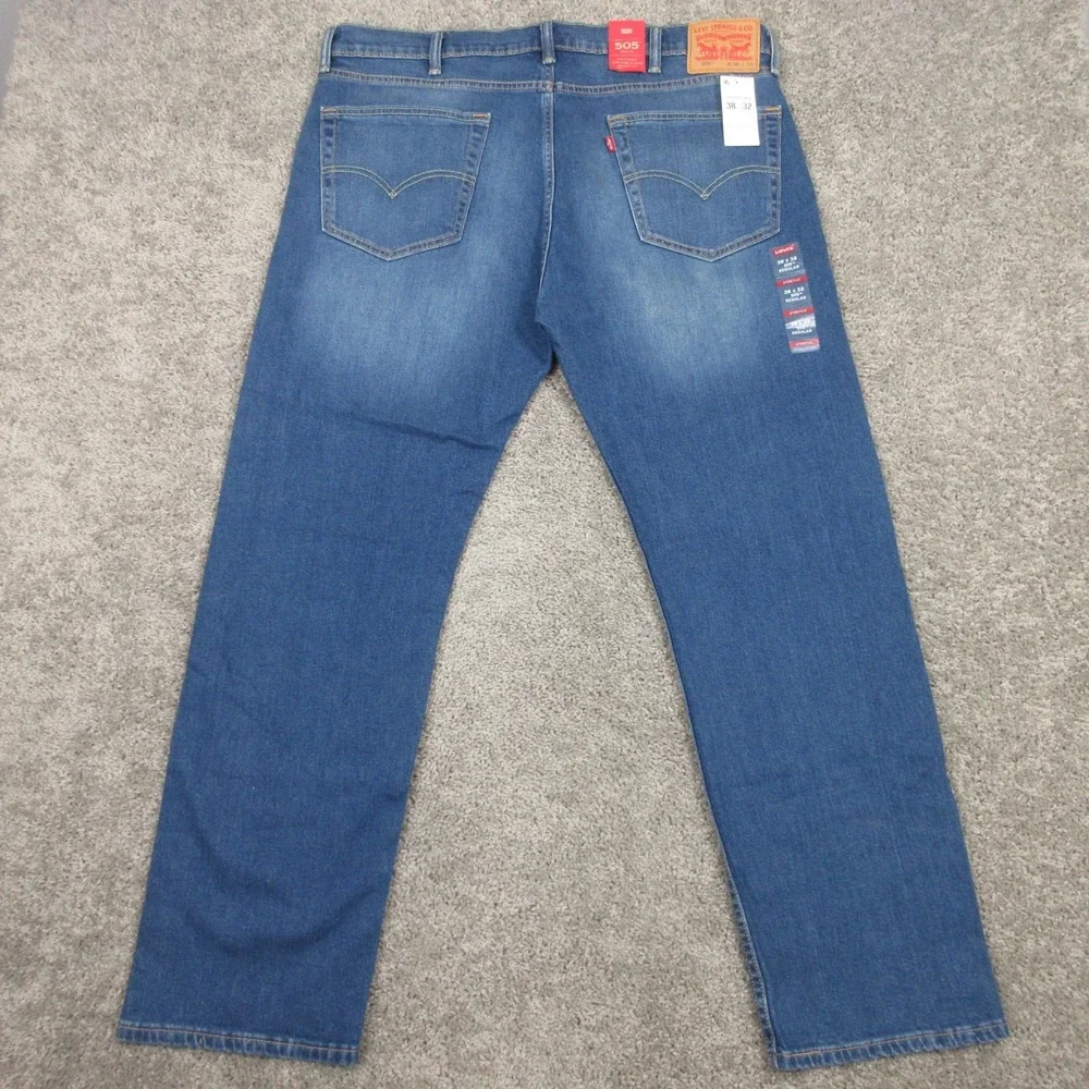 Levis Jeans Mens‎ 38x32 Blue 505 Regular Straight Faded Stretch Denim Pants NEW